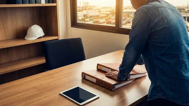 Owner reviewing payroll binders at a desk with a hard hat on the shelf, Pennsylvania Minimum Wage 2026