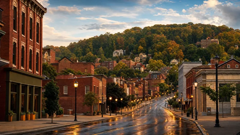 Brick storefronts on a hillside main street with wooded hills behind, Allegheny County Business License