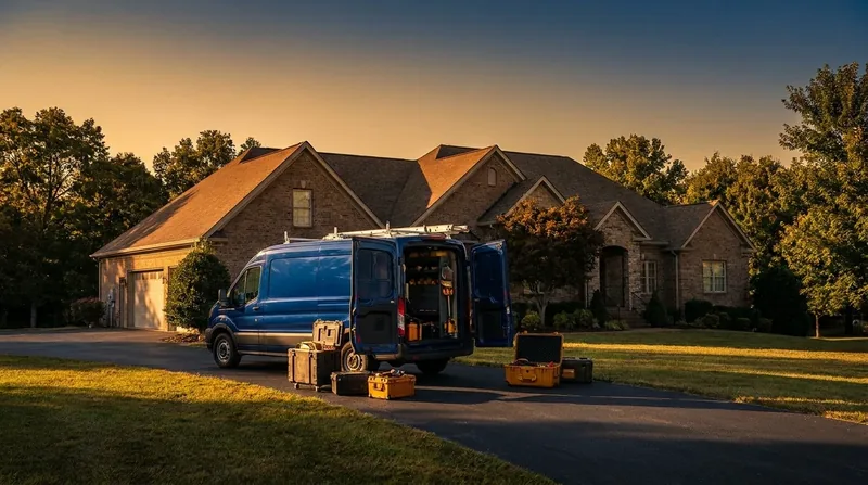 Service van with equipment unloaded in the driveway of a brick house at sunset, How to Start a Radon Testing or Mitigation Business in Pennsylvania