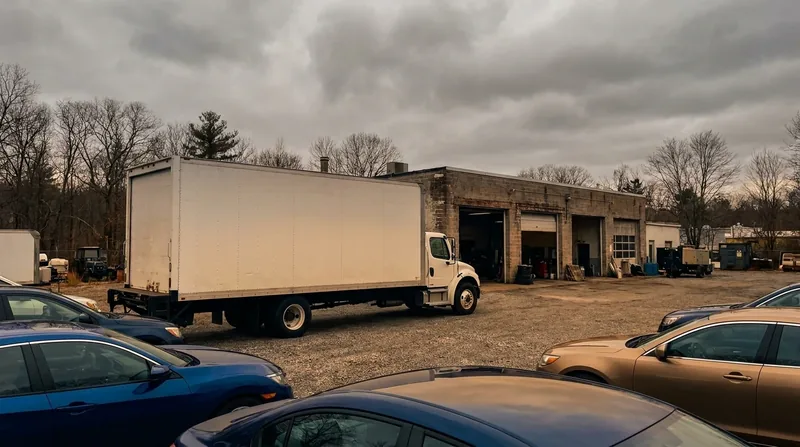 Box truck and parked cars outside a small service garage under a grey sky, How to Open a Vehicle Inspection or Emissions Station in Pennsylvania