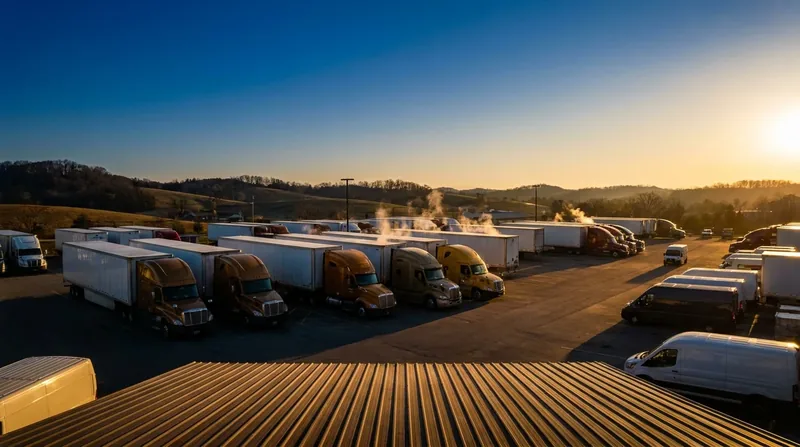 Box trucks and semis parked at a logistics yard at sunrise, How to Start a Moving Company in Pennsylvania